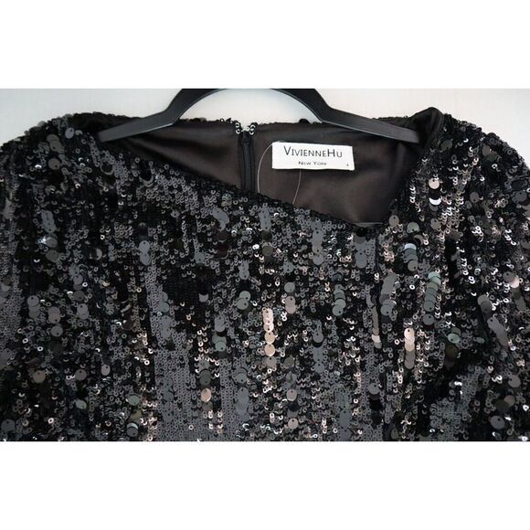 Vivienne Hu Women's Sz 4 Black Asymmetrical Neck L/S Sequin Mini Dress - Picture 4 of 9